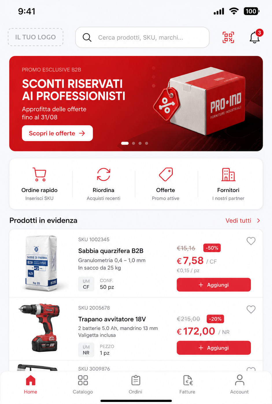 App B2B a marchio tuo: ordine rapido per codice articolo, riordino e prezzi riservati ai professionisti